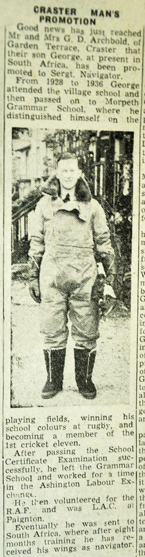 News of George Robert being promoted to Flight Sergeant, reported in the Northumberland and Alnwick Gazette on March 24th 1944.