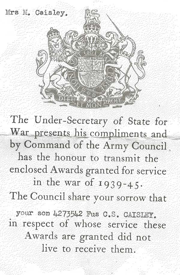Charles Caisley's medal commendation