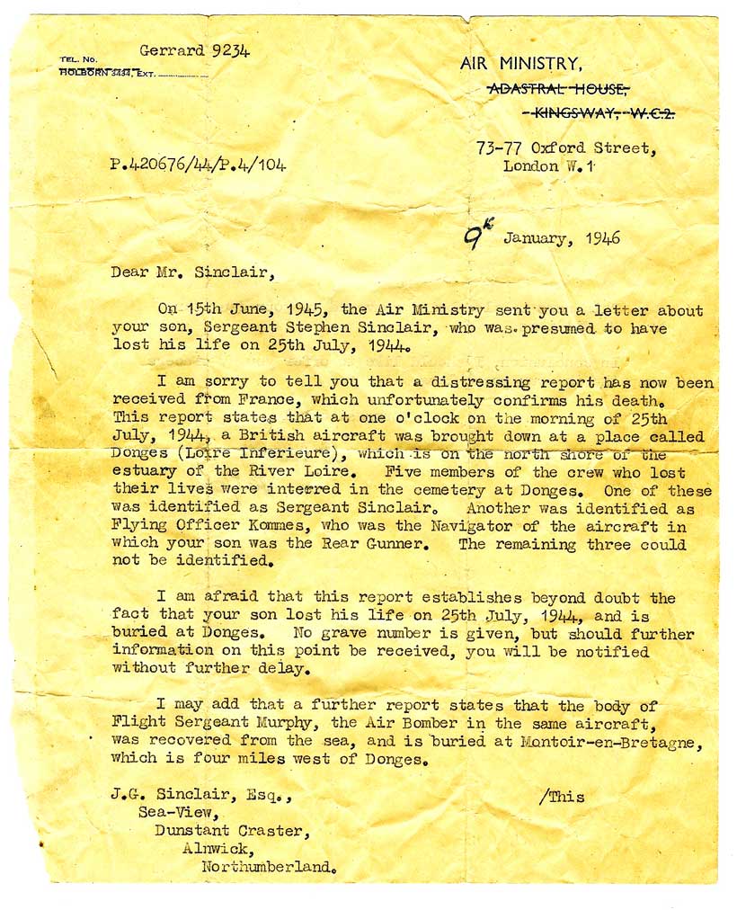 Letter from the Air Ministry January 9th 1946, Page 1