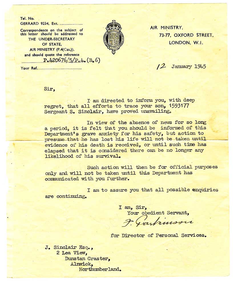 Letter from the Air Ministry January 12th 1945