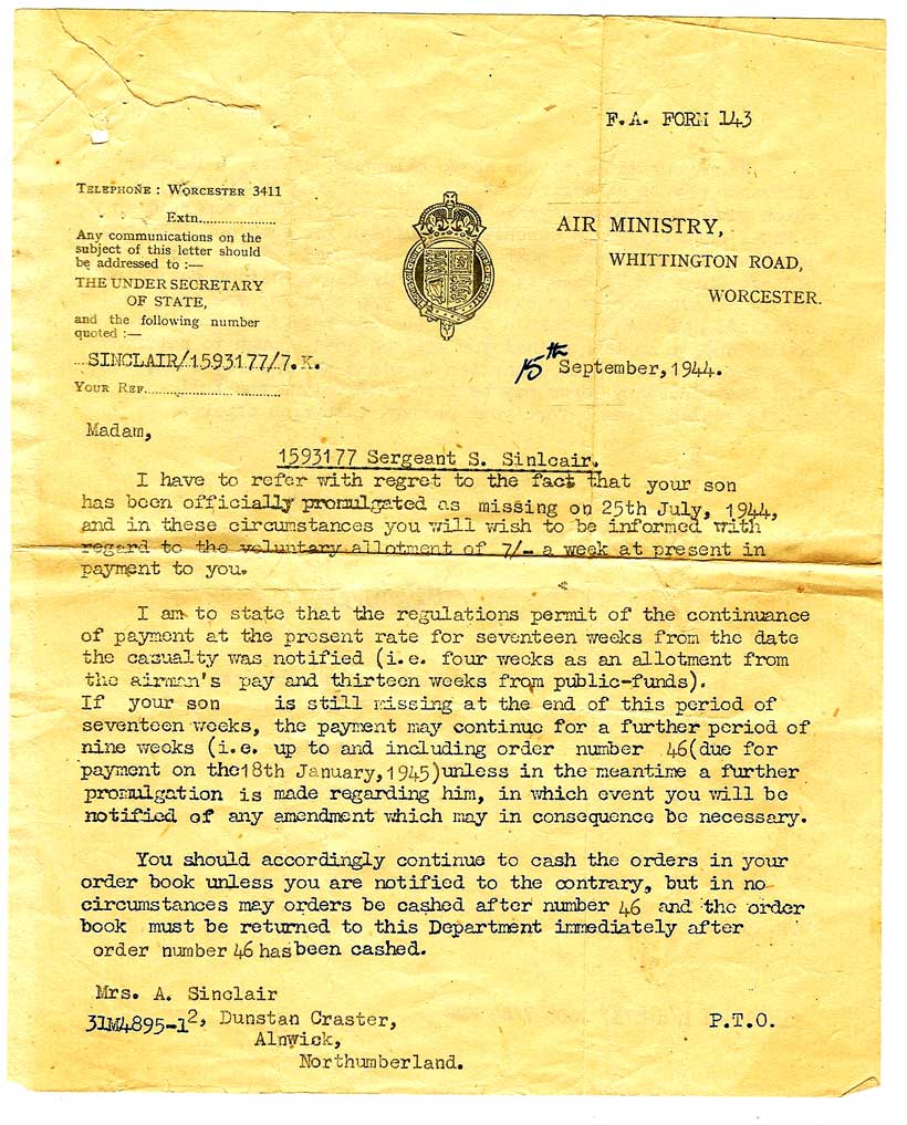 Letter from the Air Ministry September 15th 1944, Page 1