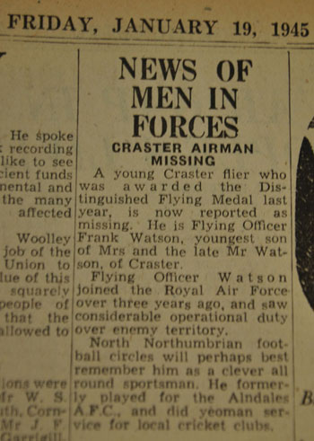 Frank Watson reported missing, January 19th 1945